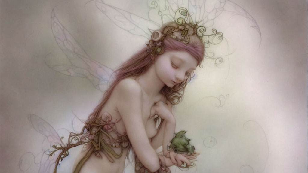 Fantasy fairy with delicate wings and floral ornaments interacting with a green frog