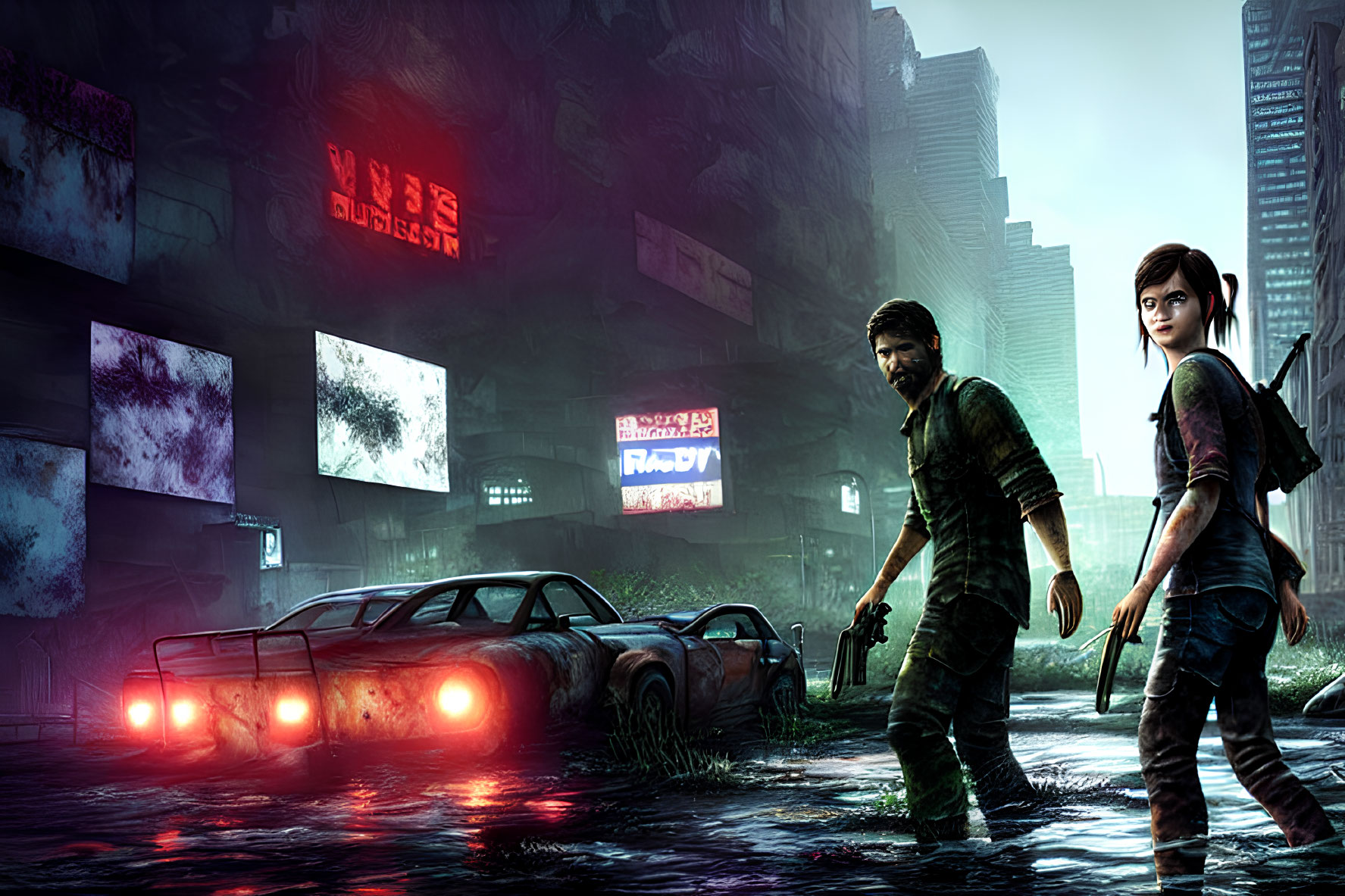 Man and young woman explore flooded, neon-lit cityscape.