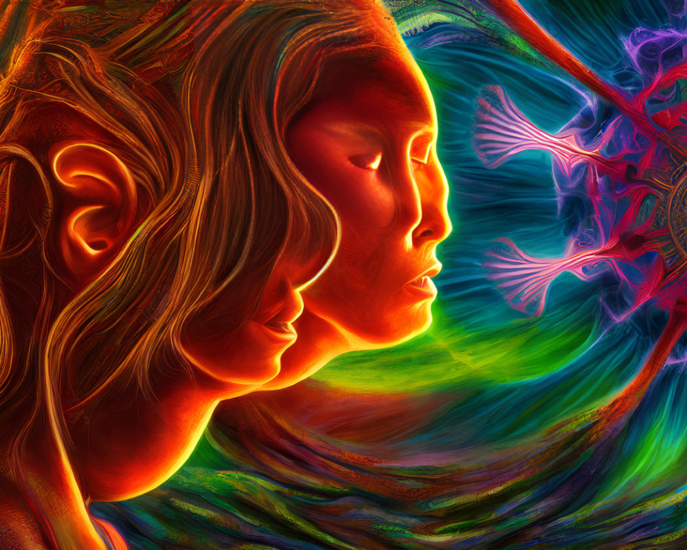 Colorful dual profile artwork with closed eyes and intricate patterns on swirling fiery and cool backdrop.