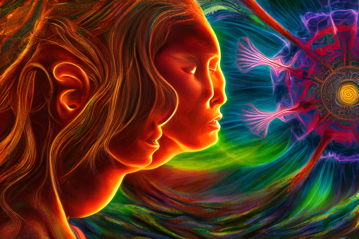 Colorful dual profile artwork with closed eyes and intricate patterns on swirling fiery and cool backdrop.