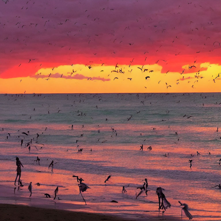 Vibrant sunset beach scene with silhouettes of birds and people.