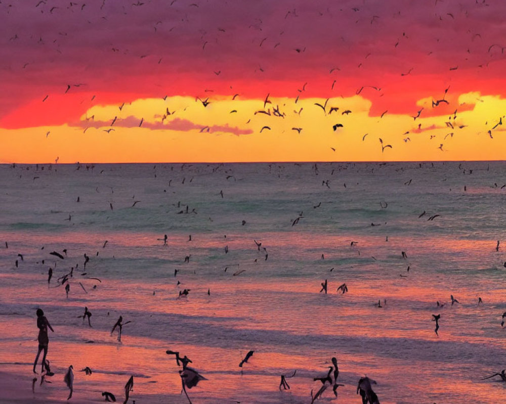 Vibrant sunset beach scene with silhouettes of birds and people.