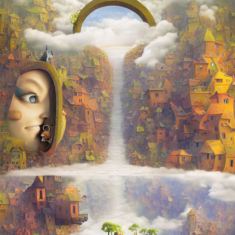 Surreal hinged door face in whimsical cityscape with stacked houses, clouds, and waterfall