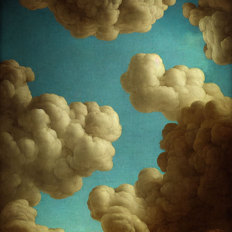 Fluffy Cumulus Clouds Artwork on Teal Background