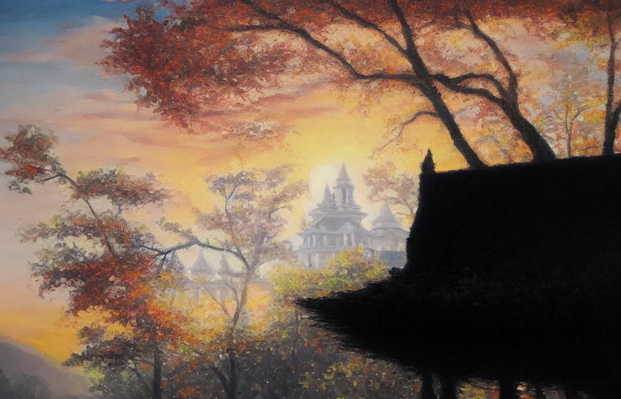 Serene sunset painting with orange skies, autumn trees, and distant castle-like structures