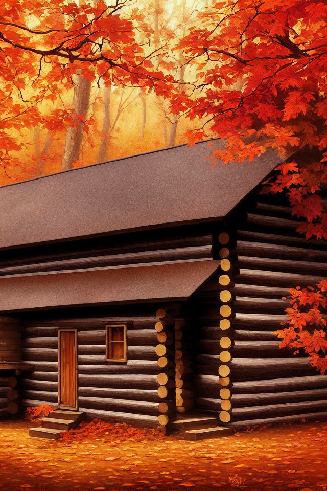 Autumn log cabin nestled among vibrant leaves in golden sunlight