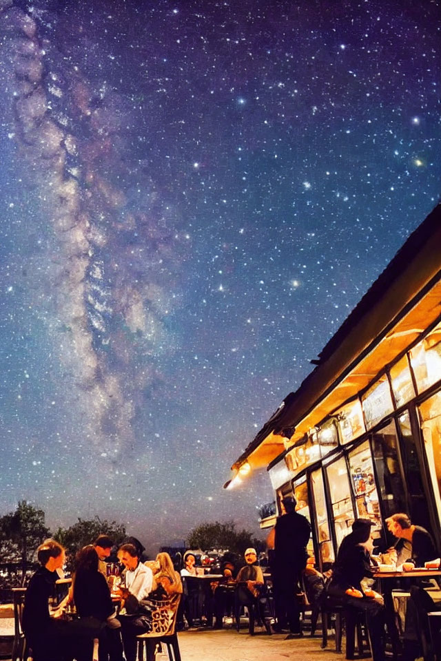 Outdoor dining under starry sky with visible Milky Way.