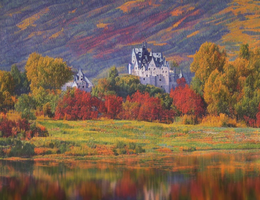 Autumn castle by lake with colorful foliage reflected in water