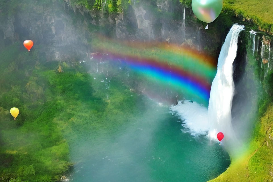 Vivid rainbow over lush waterfall with colorful hot air balloons