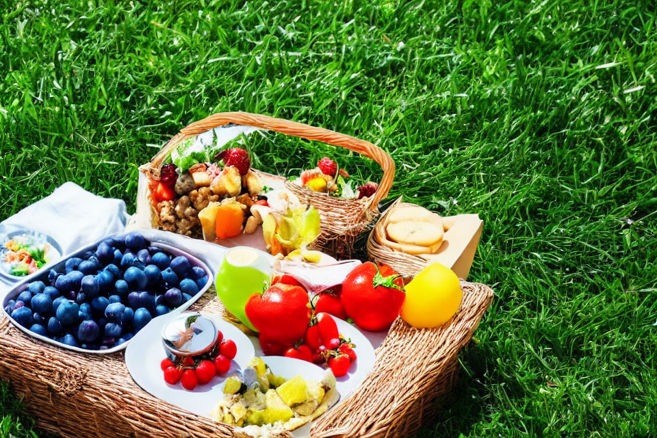 Colorful picnic spread with fruit basket, blueberries, cherries, salad, bread, and fresh