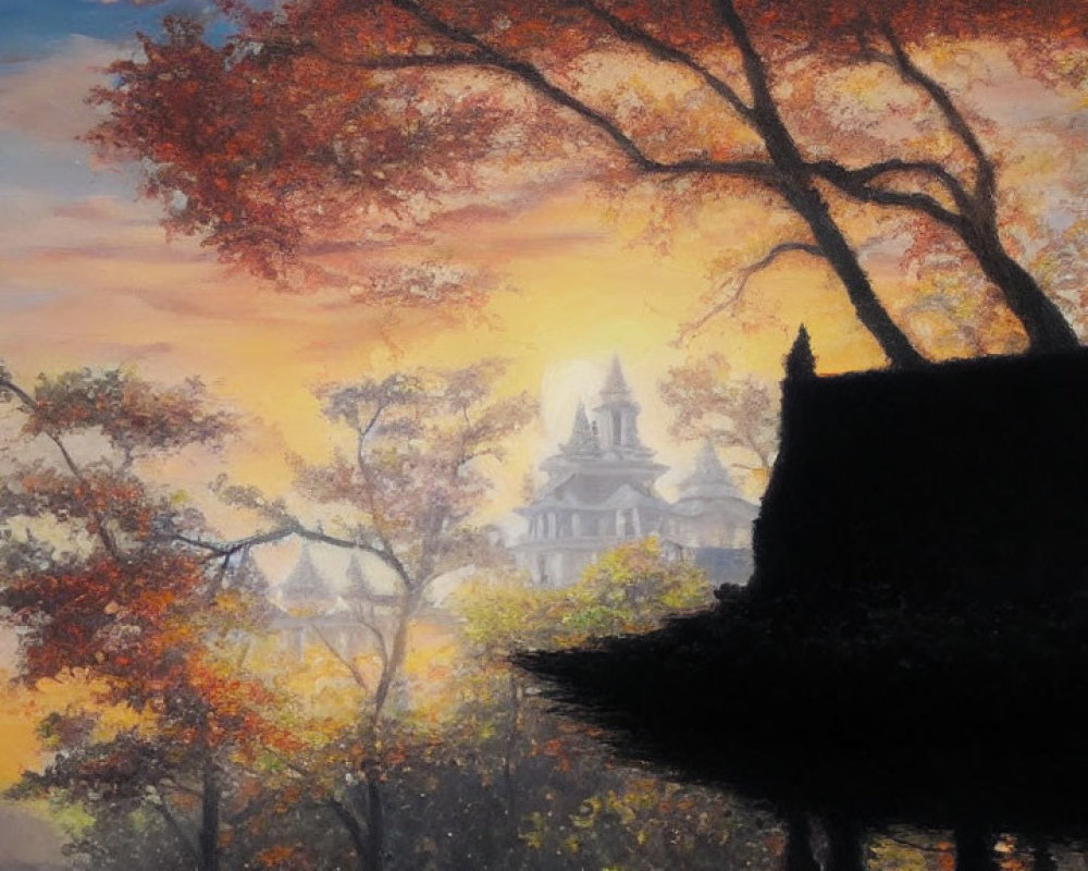 Serene sunset painting with orange skies, autumn trees, and distant castle-like structures