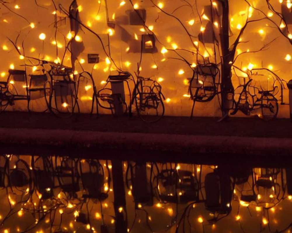 Bicycles with Fairy Lights Reflecting on Water Surface at Night