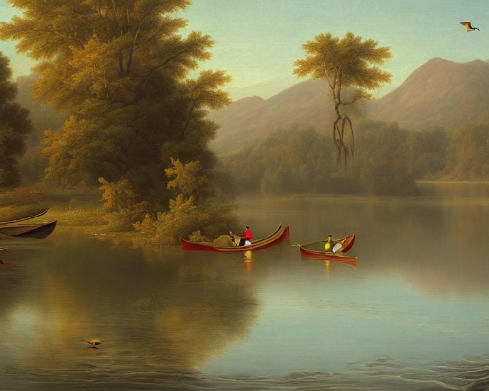 Tranquil lake scene with canoes, lush forests, misty mountains, birds, and golden