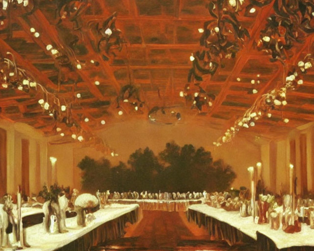 Elegant banquet hall with decorative ceiling, dining tables, and mingling guests