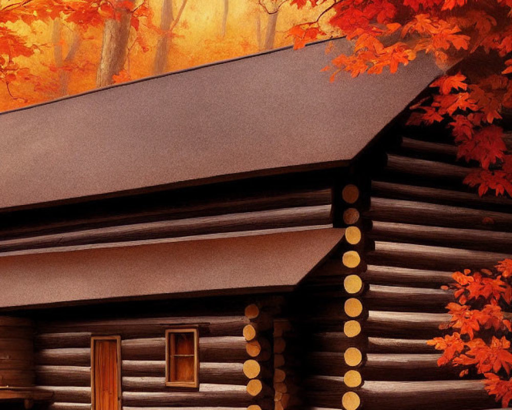 Autumn log cabin nestled among vibrant leaves in golden sunlight