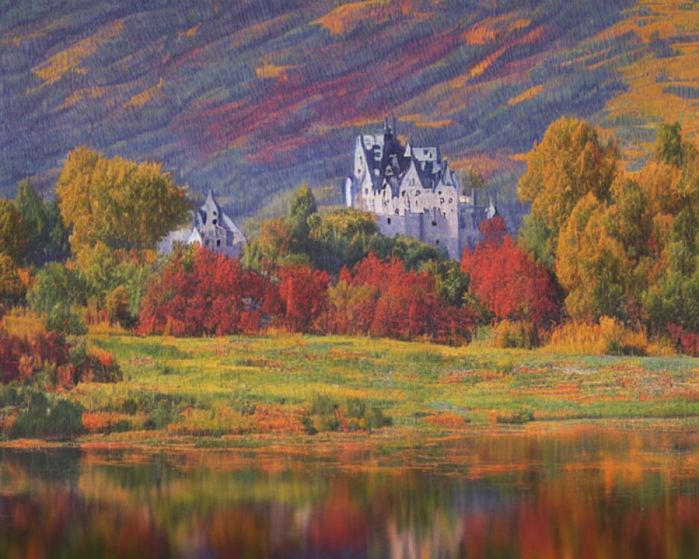 Autumn castle by lake with colorful foliage reflected in water