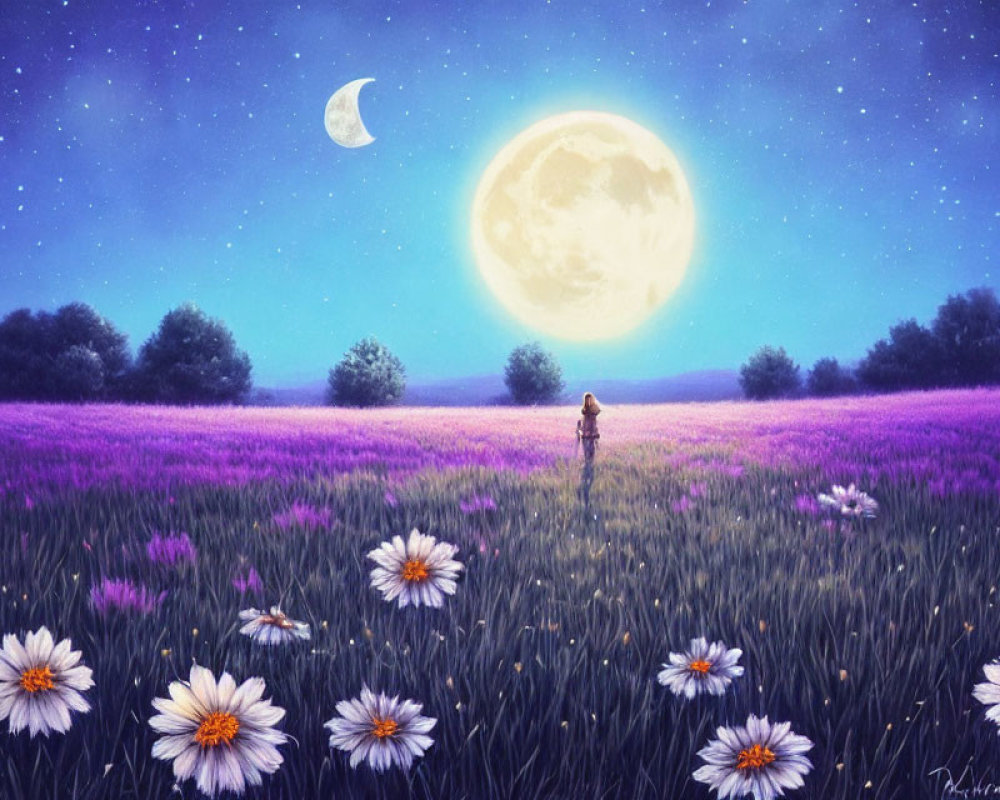 Person in vibrant purple lavender field under starry sky with full moon and white flowers.