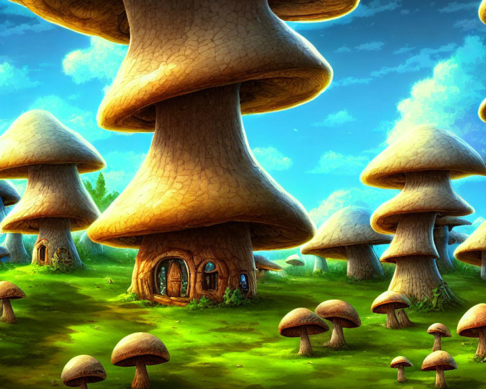 Whimsical giant mushroom houses in lush green landscape