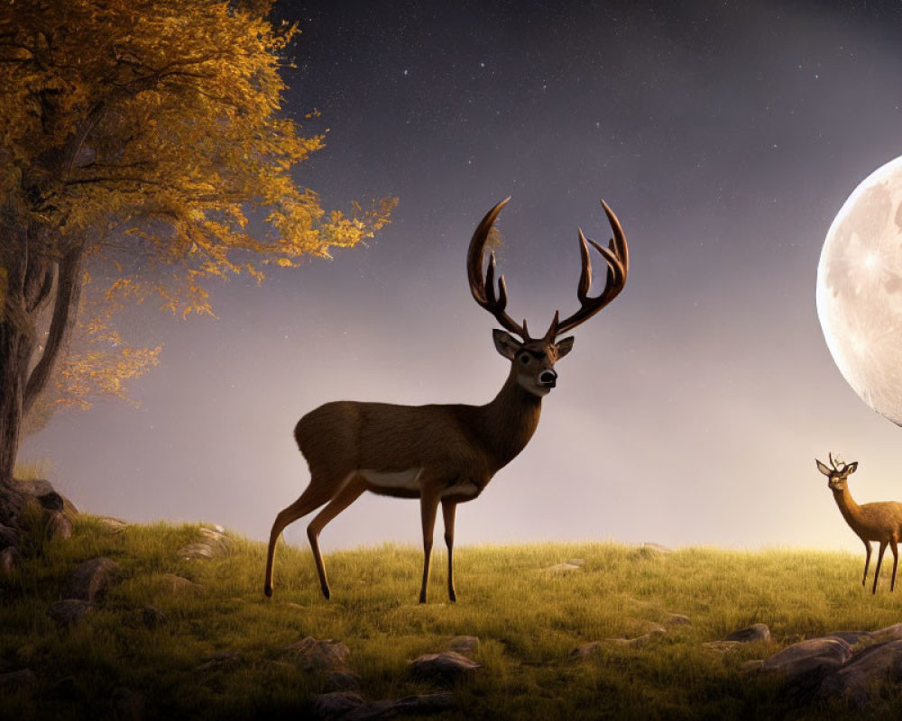 Tranquil night landscape with deer, full moon, and tree