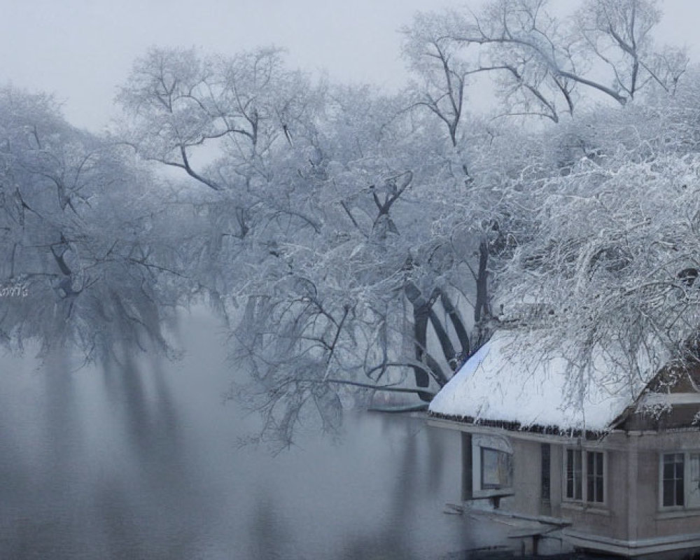 Snow-covered trees and calm lake in tranquil winter scene