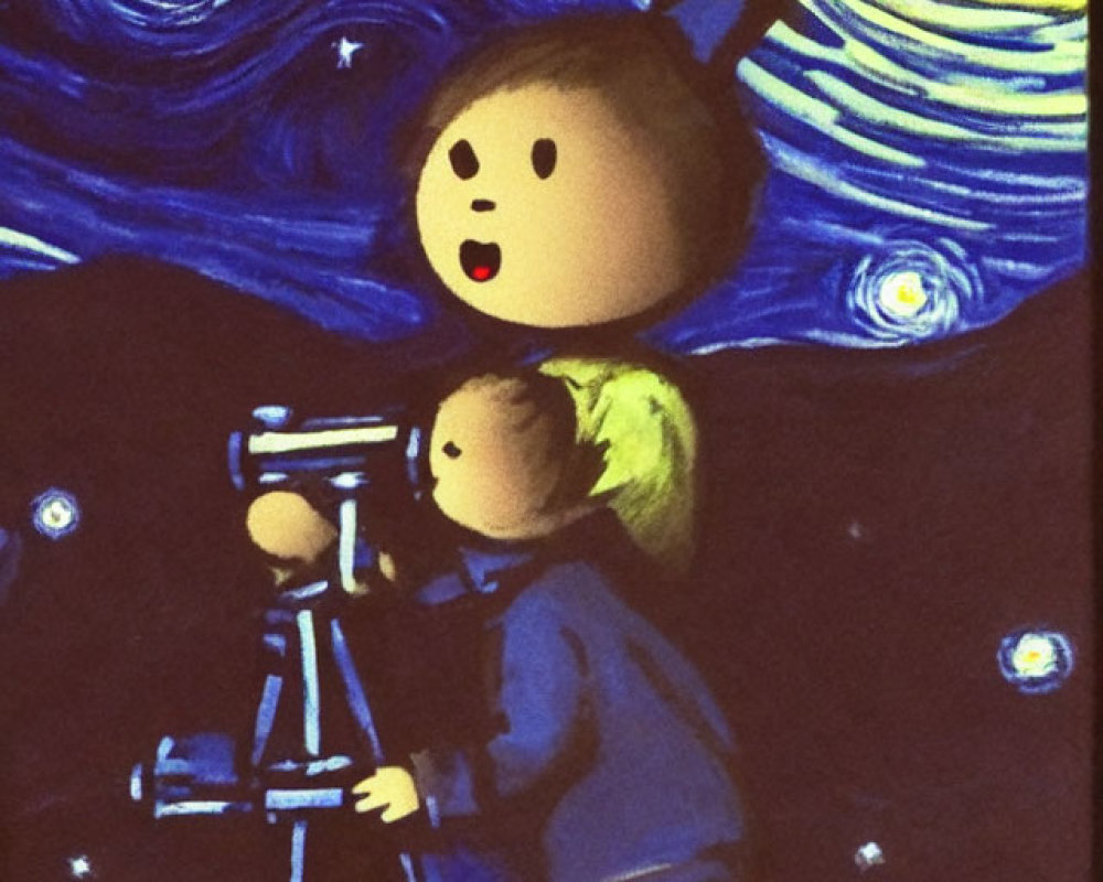 Cartoon children stargazing with a telescope in Van Gogh-inspired illustration