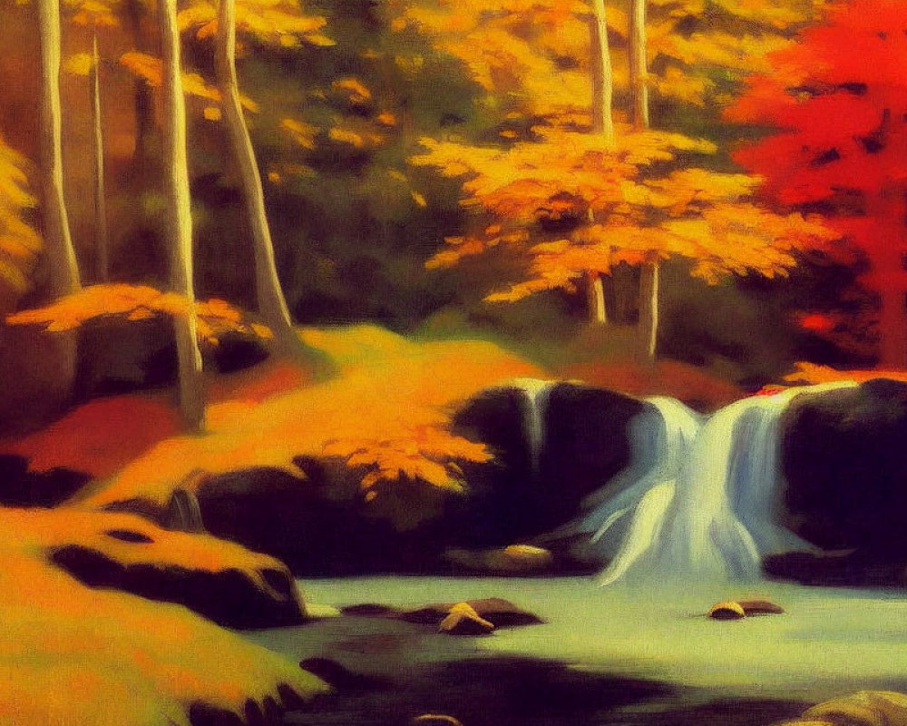 Impressionistic painting: Serene autumn waterfall with vibrant foliage