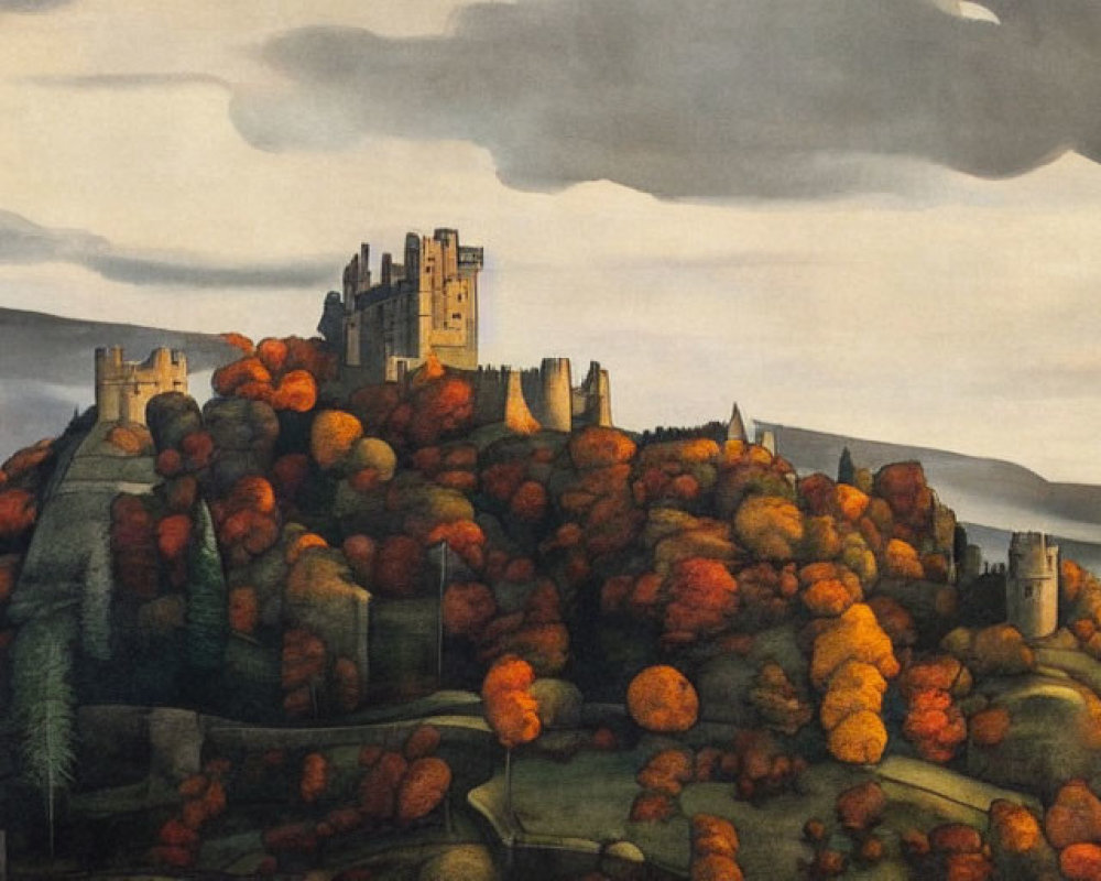 Autumnal landscape with castle on hill amid orange and yellow trees under cloudy sky