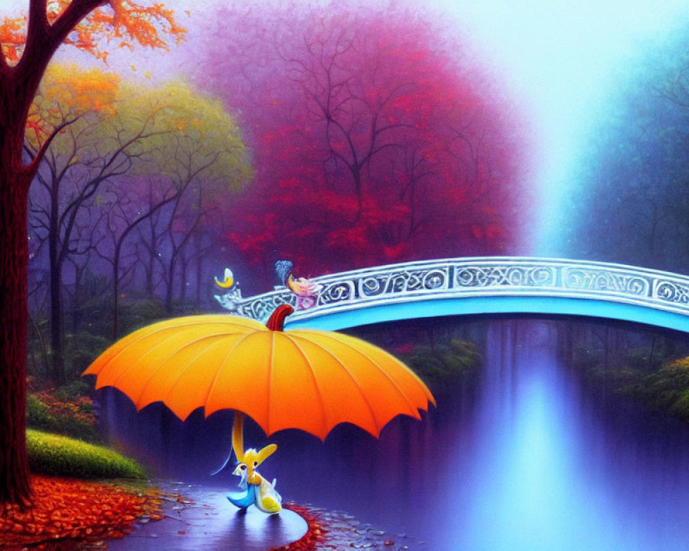 Vibrant autumn landscape with misty river, bridge, and cartoon characters under orange umbrella