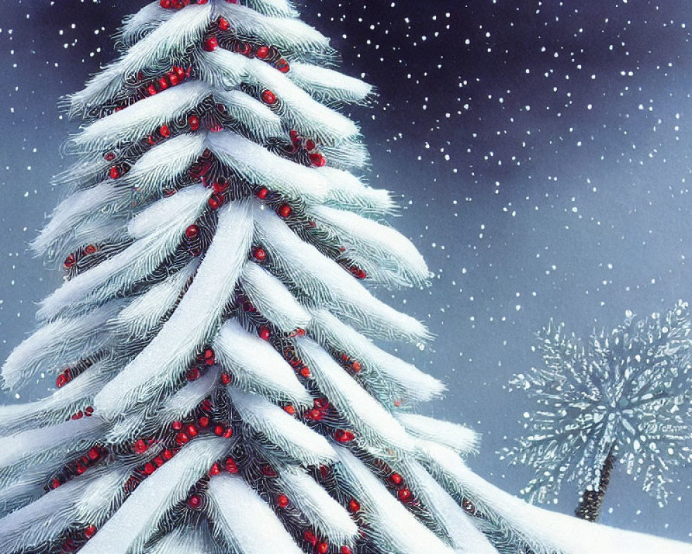 Snow-covered Christmas trees with red ornaments in serene snowy landscape