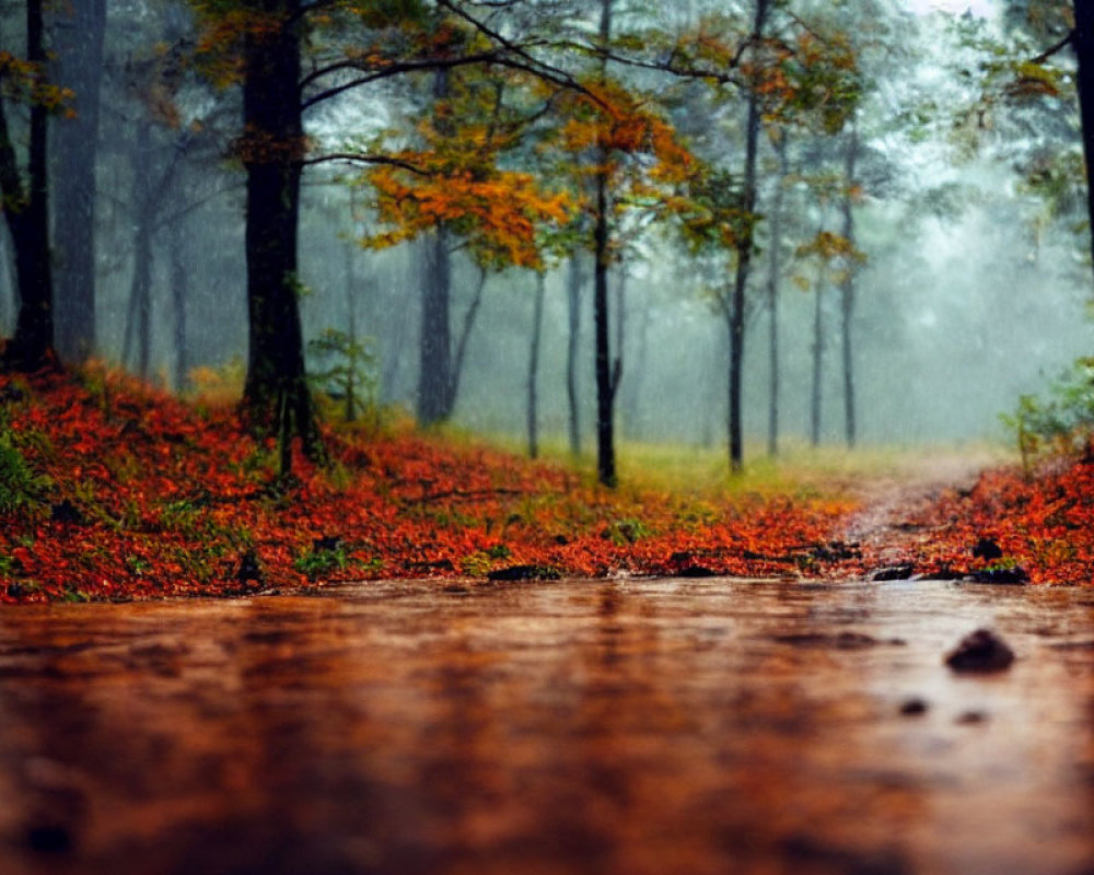 Autumn forest trail with red leaves, yellow trees, and misty atmosphere