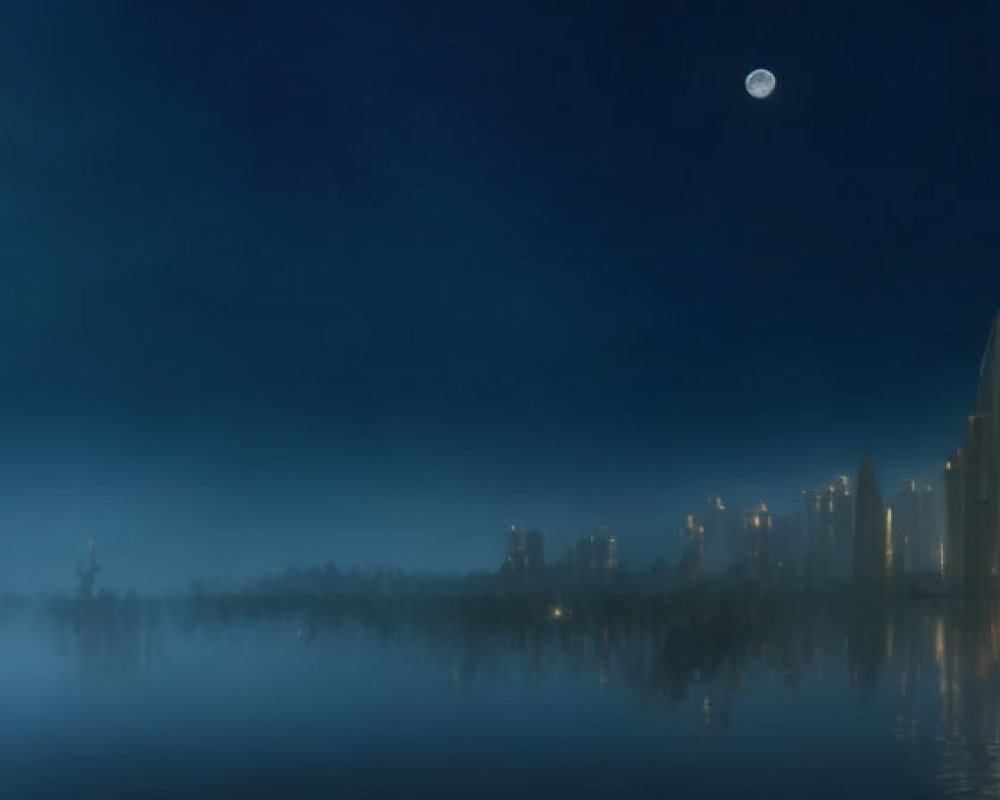 Large Moon Reflecting on Calm Water in Serene Nightscape