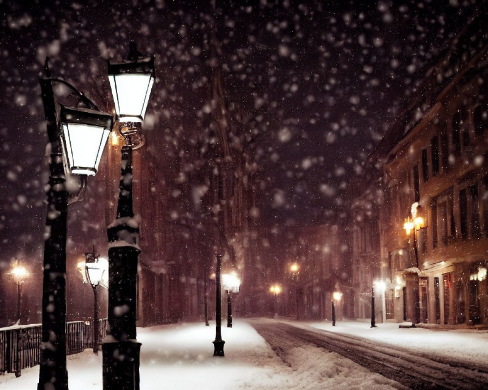 Snow-Covered Street at Night with Warm Street Lamp Glow