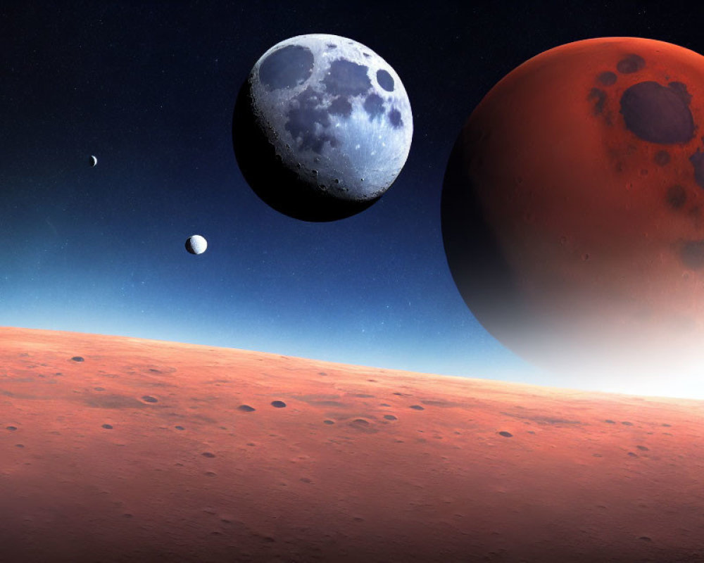 Red Mars-like planet and crater-covered surface with moon-like celestial body in starry sky