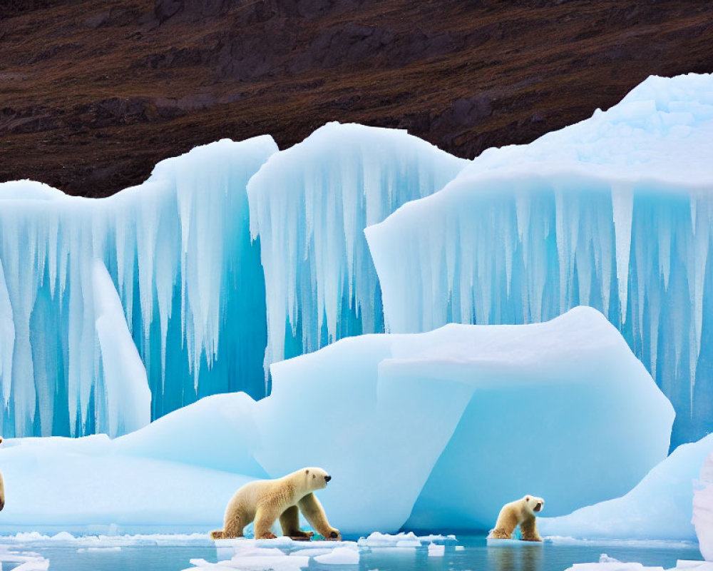 Polar bears near glacial ice with mountain backdrop