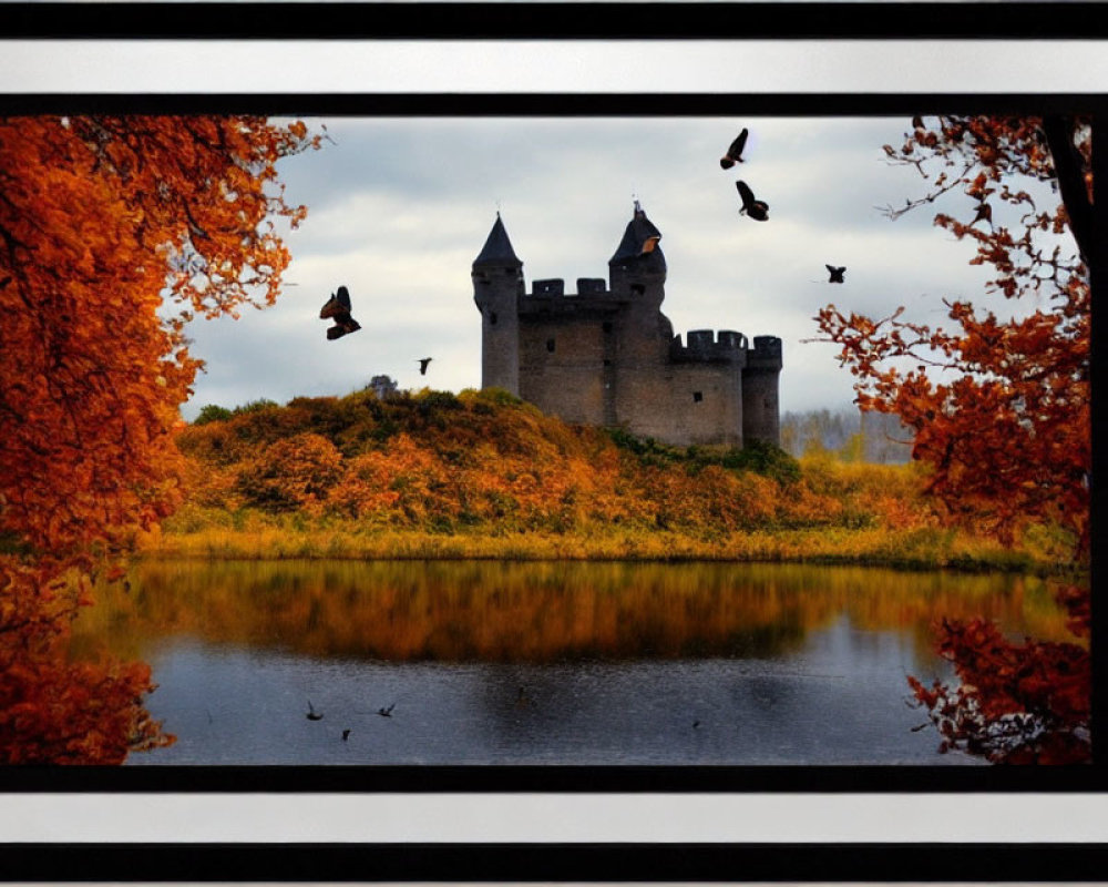 Medieval castle surrounded by moat in autumn setting.