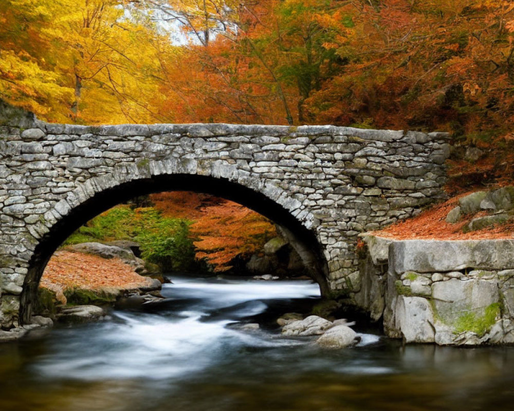 Ancient stone bridge over river in autumn forest