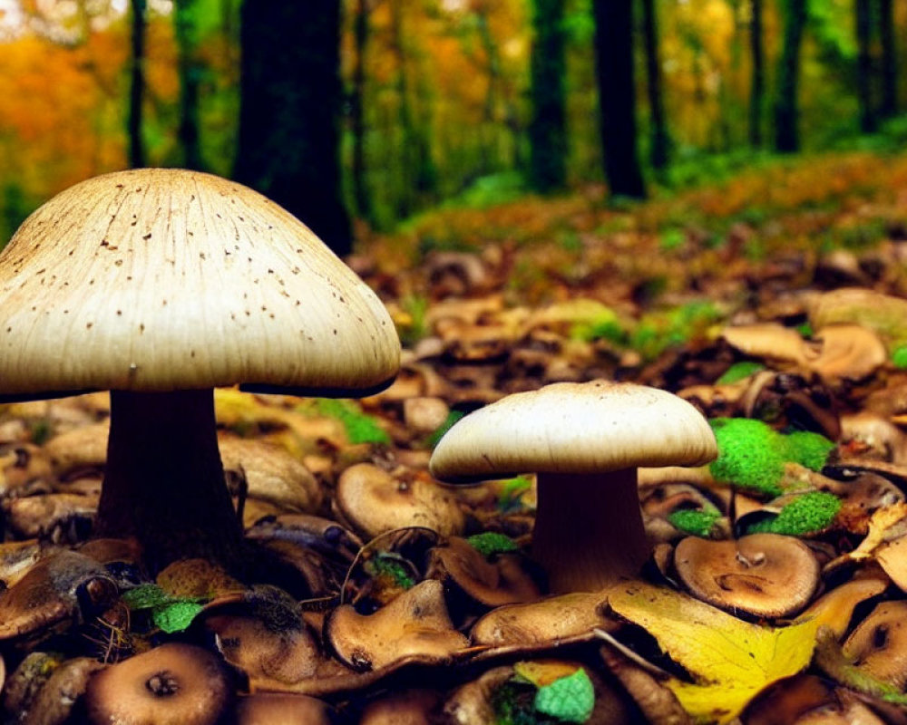 Autumn forest scene with two mushrooms and fallen leaves