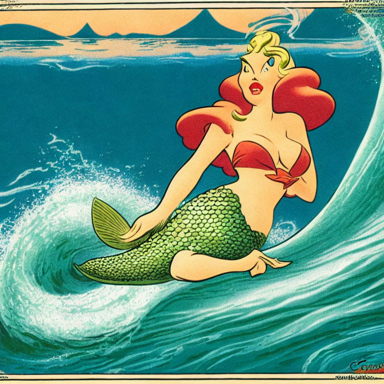 Mermaid illustration with red hair and green tail on wave with pyramids.