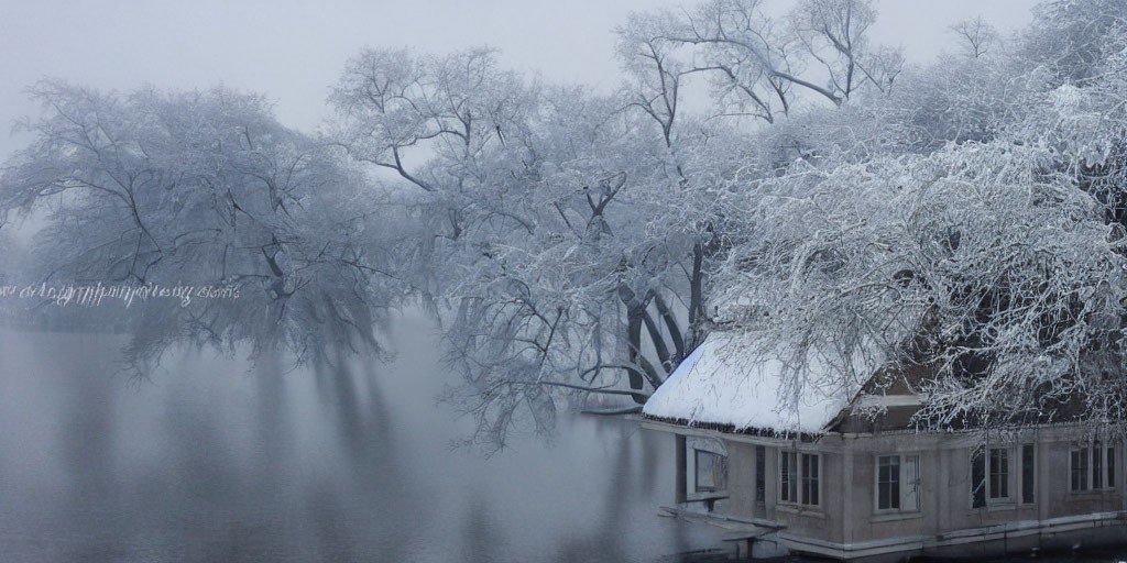 Snow-covered trees and calm lake in tranquil winter scene