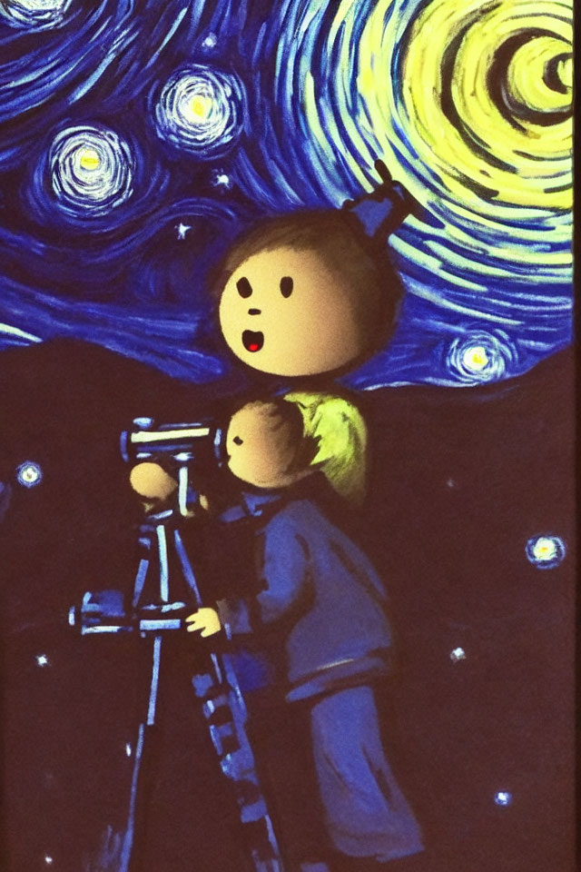 Cartoon children stargazing with a telescope in Van Gogh-inspired illustration