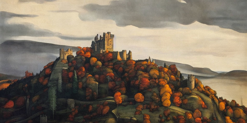 Autumnal landscape with castle on hill amid orange and yellow trees under cloudy sky