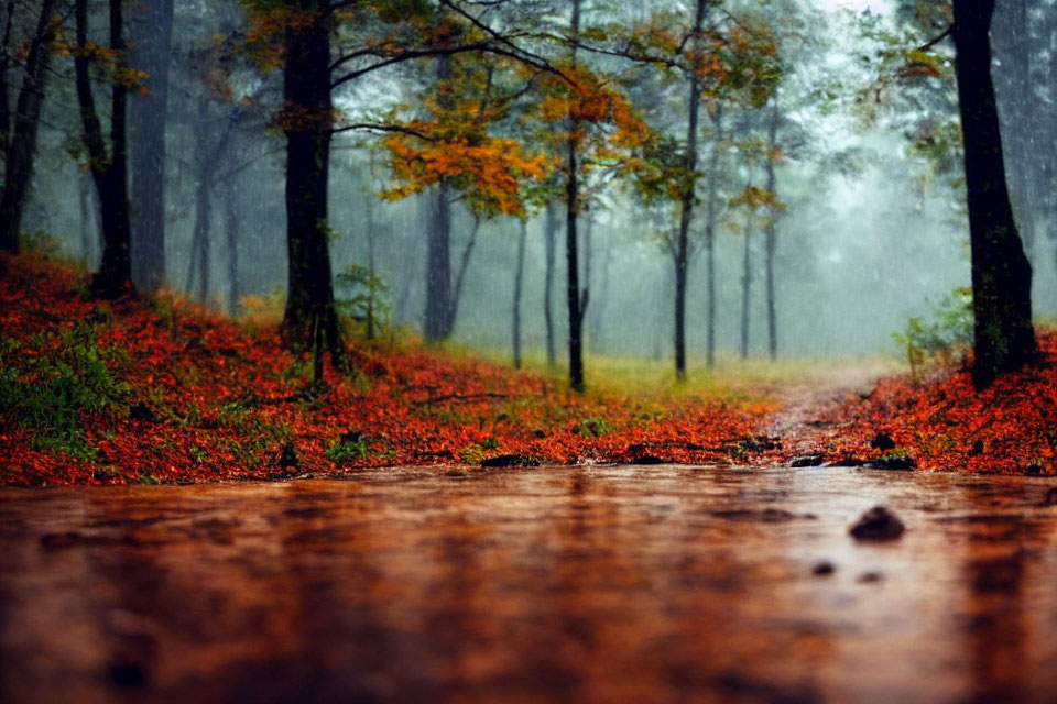 Autumn forest trail with red leaves, yellow trees, and misty atmosphere