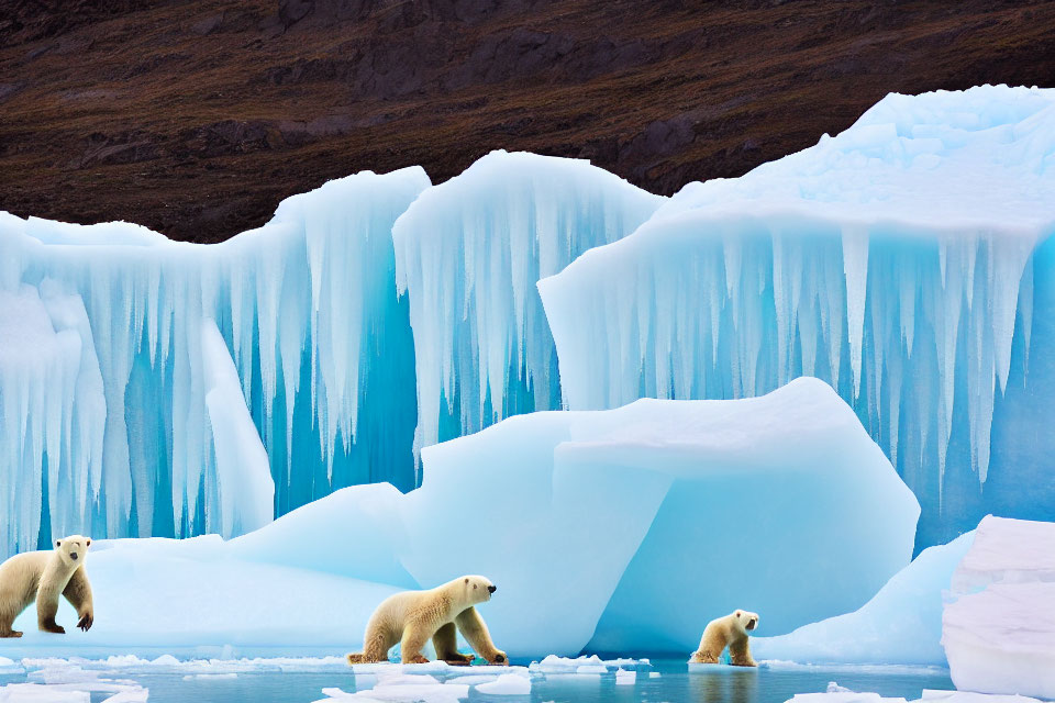 Polar bears near glacial ice with mountain backdrop