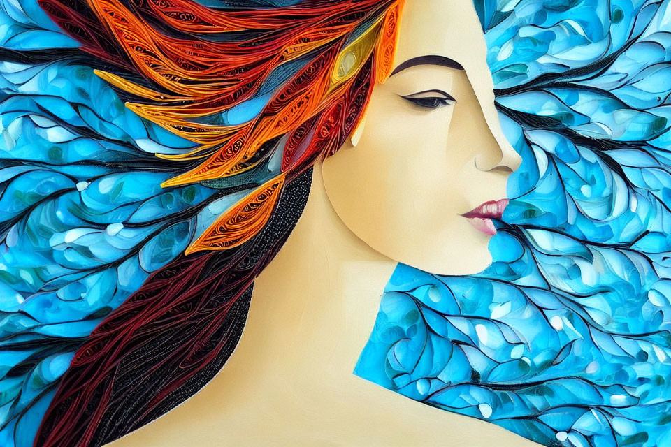 Vibrant illustration of woman with red and orange hair in nature scene