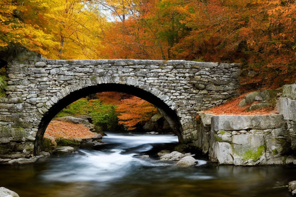 Ancient stone bridge over river in autumn forest