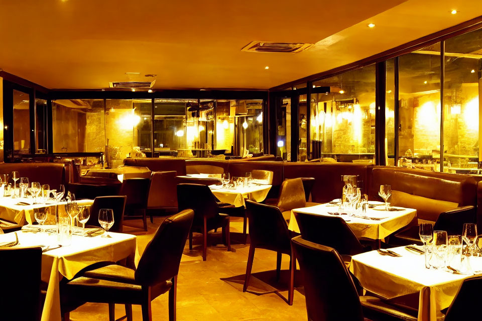 Sophisticated Restaurant Interior with Warm Ambient Lighting