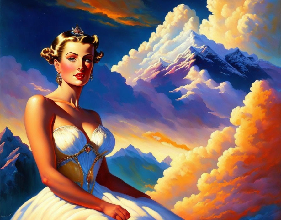 Illustrated woman in white gown with tiara against vibrant sunset sky and mountains.