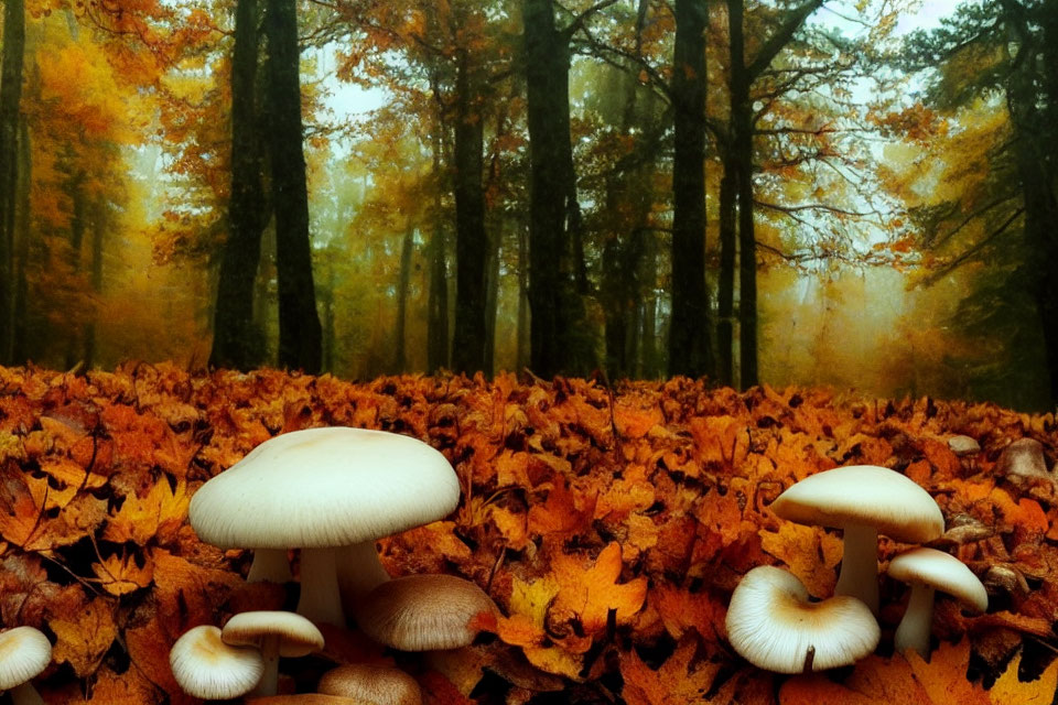 Tranquil autumn forest with fallen leaves and white mushrooms