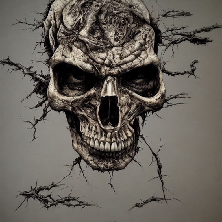 Detailed Drawing of Skull with Textured Lines and Branches Resembling Cracks