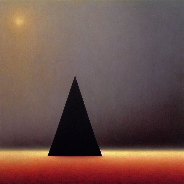 Minimalist black triangle on horizon under gray sky with orange-white base and faint sun/moon.